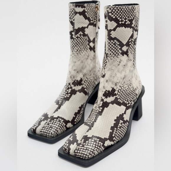 NEW Zara Snake Print Leather Block Heel Squared Toe Ankle Boots Booties 2130/010 - Picture 8 of 13